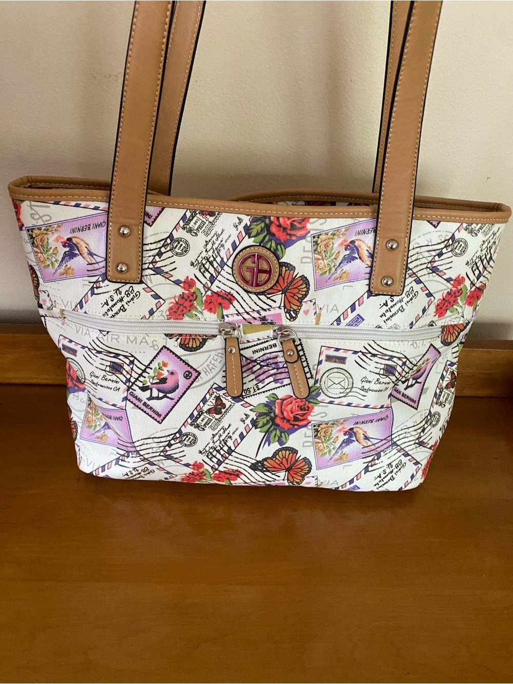Giani Bernini Postcard handbag Tote featuring a multi-color postcard print